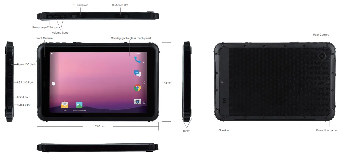 Six Views of 8'' Android Tablet EM-Q88 Rugged PC