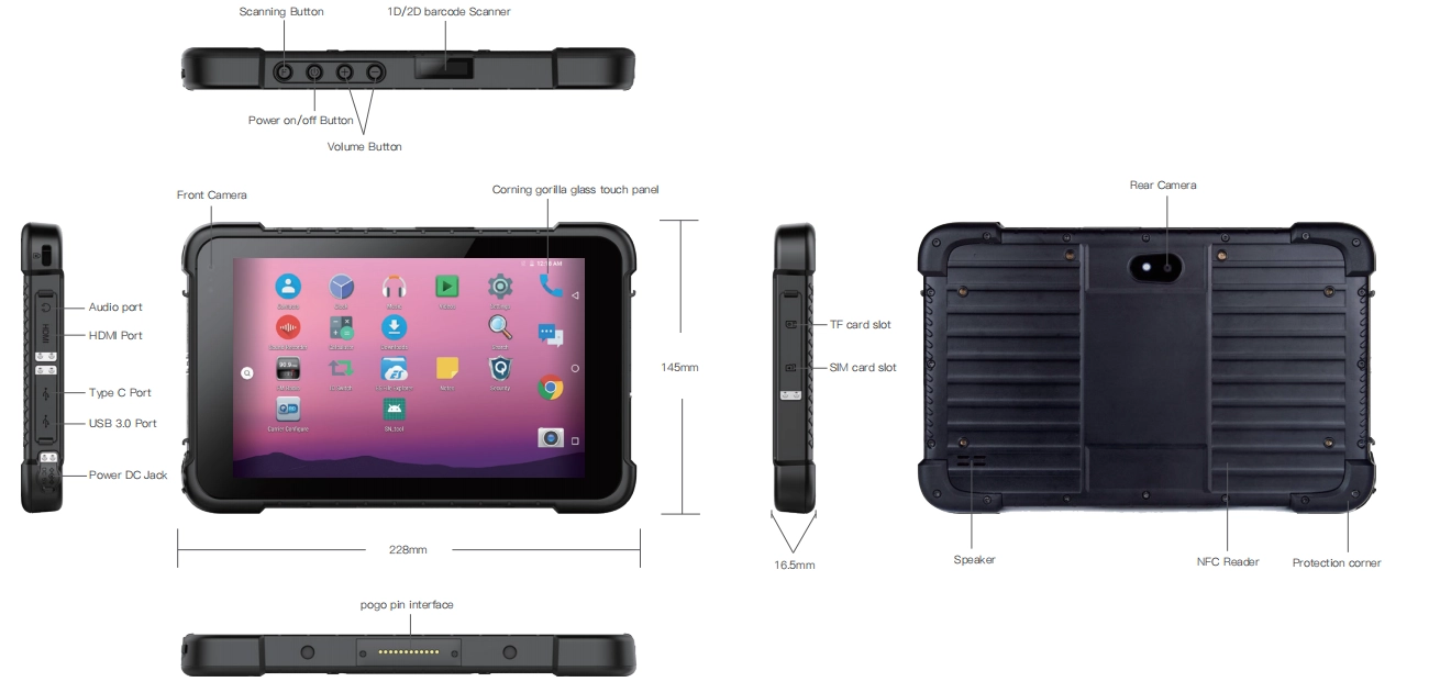 Six Views of 8'' Android Tablet EM-Q865M Rugged PC